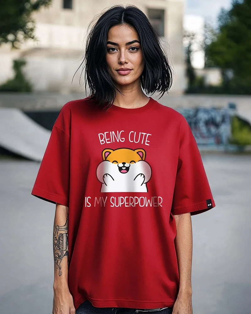 بيواكوف Women's Red Being Cute Is My Superpower Graphic Printed Oversized T-shirt
